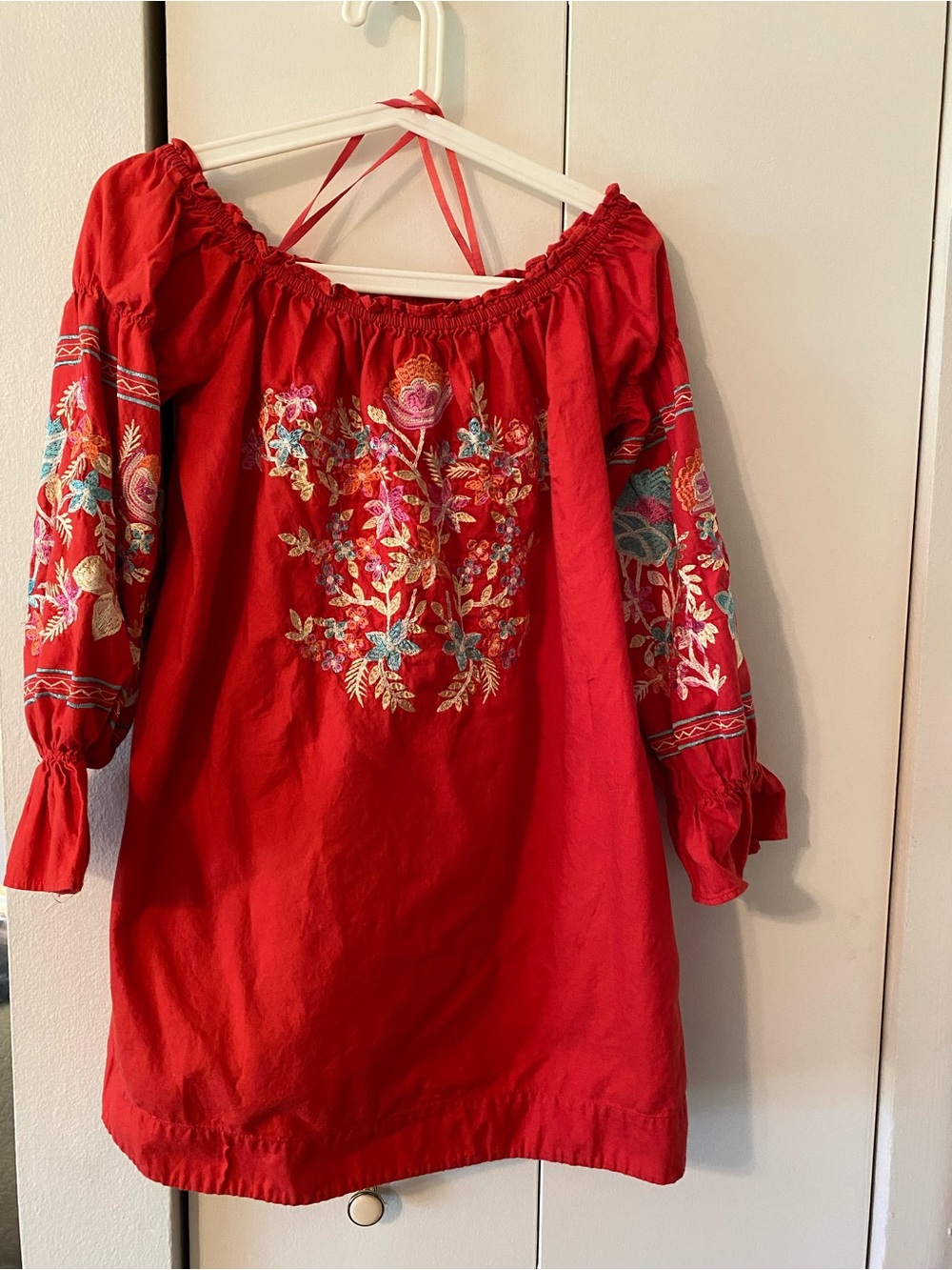 Free People Red Off-Shoulder Blouse with Elastic Neckline